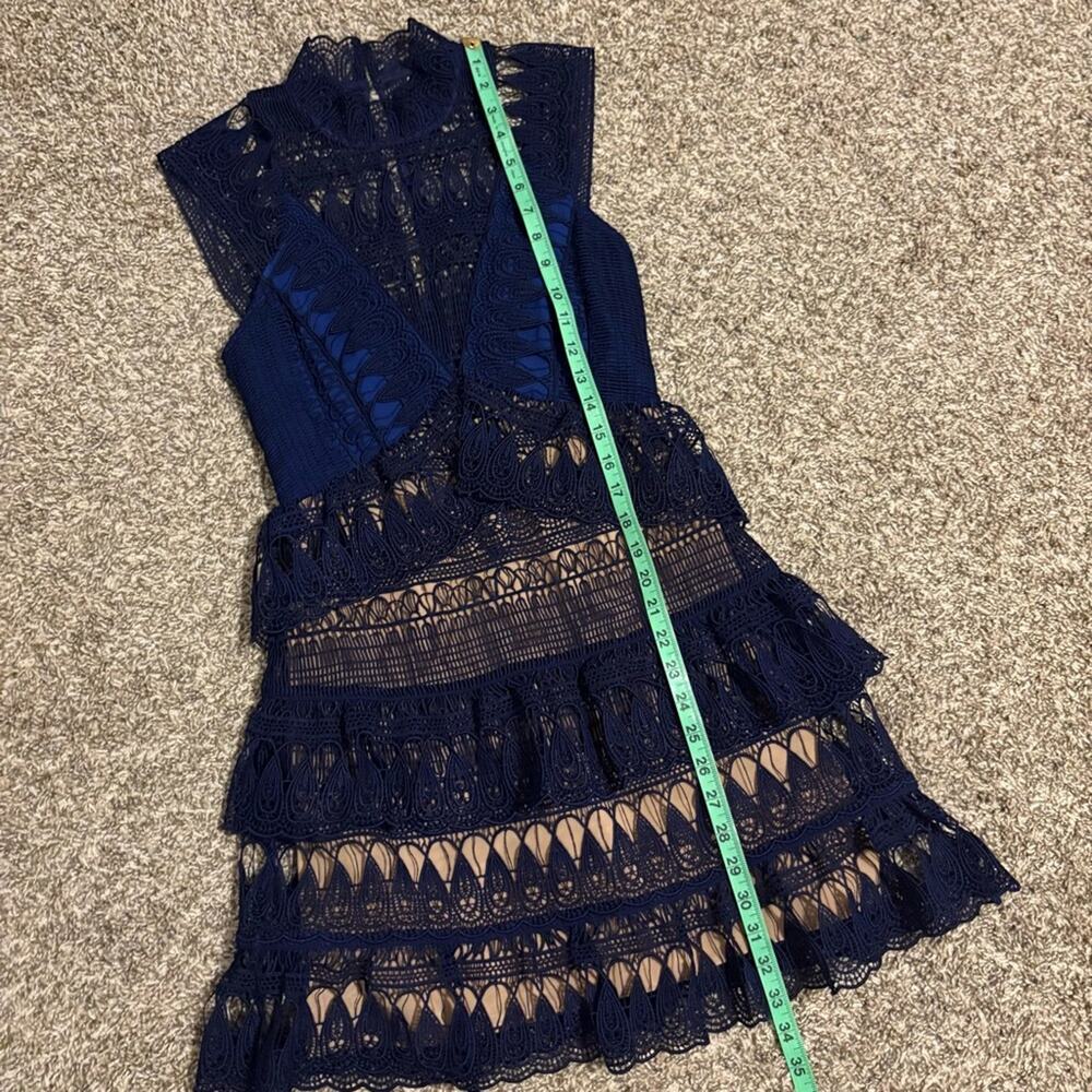 Self Portrait Teardrop Paneled Guipure Lace Mini Dress Holiday Blue Size 4 - Picture 10 of 11